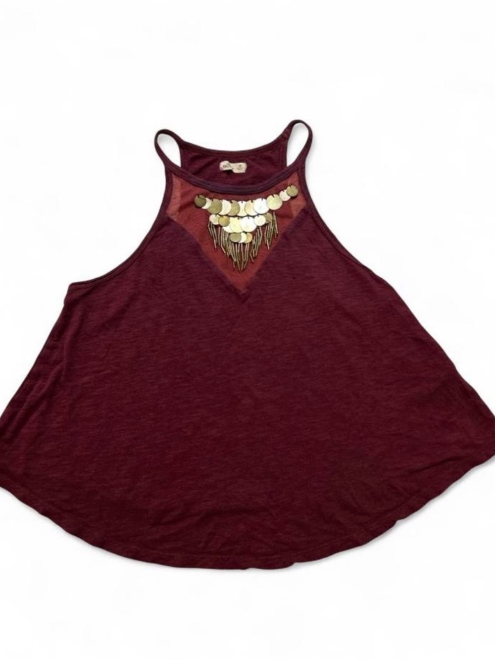 Vintage Y2K Hollister Burgundy Halter Tank with Gold Sequin Fringe
